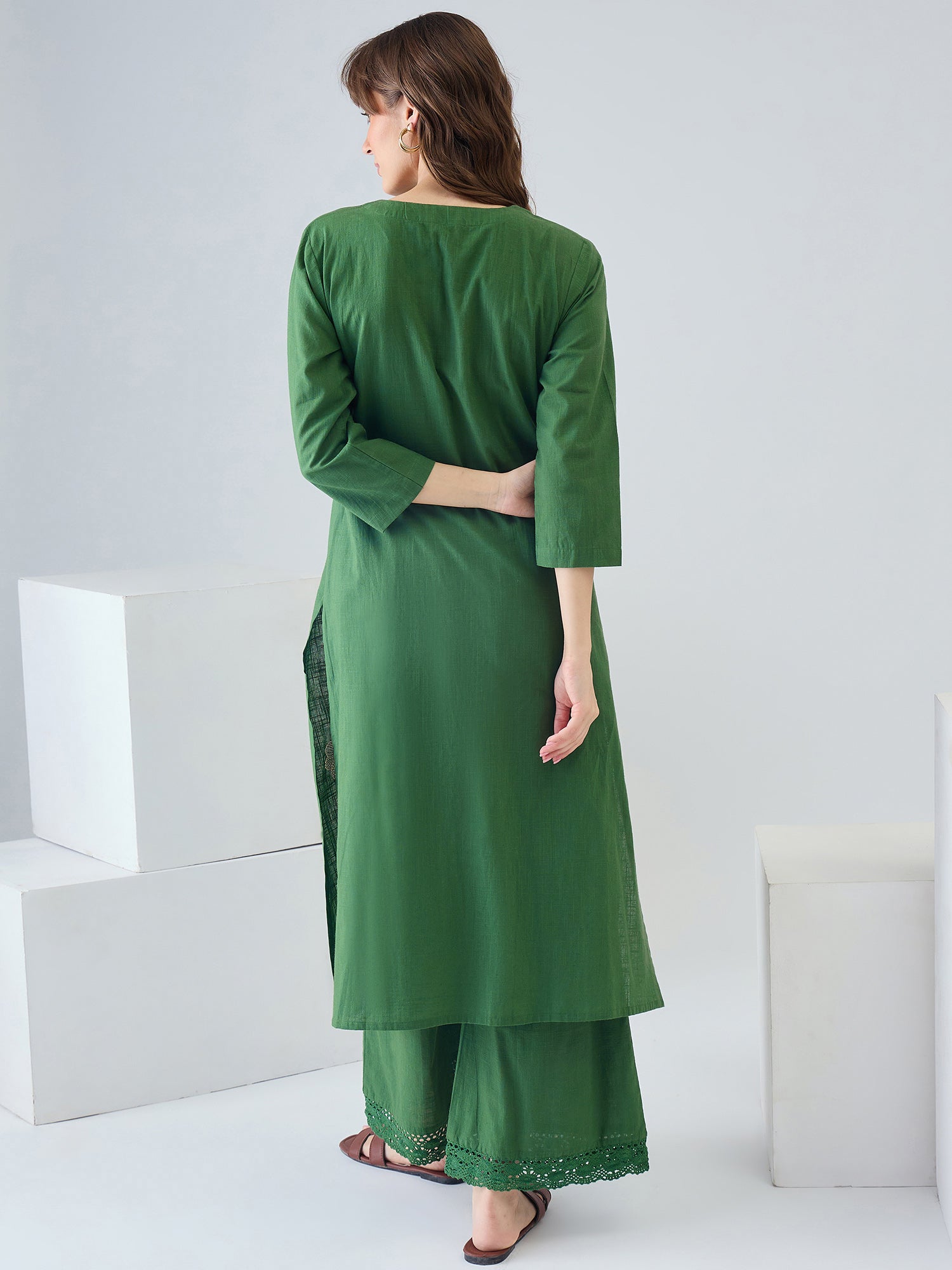 Indo Era Green Embroidered Straight Kurta Trousers set