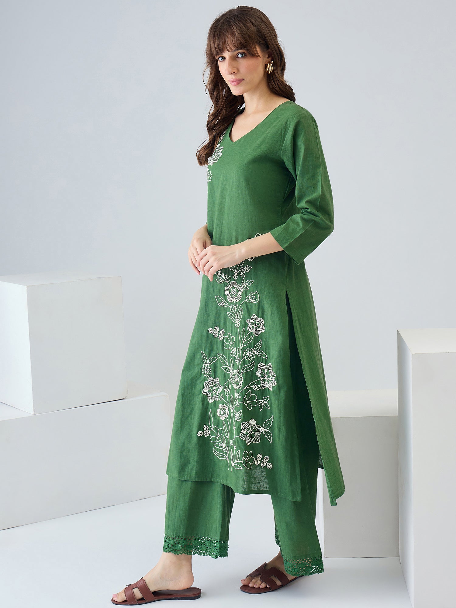Indo Era Green Embroidered Straight Kurta Trousers set