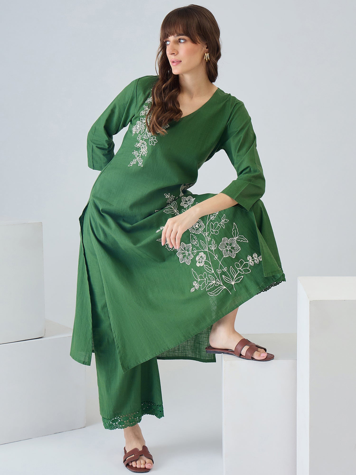 Indo Era Green Embroidered Straight Kurta Trousers set