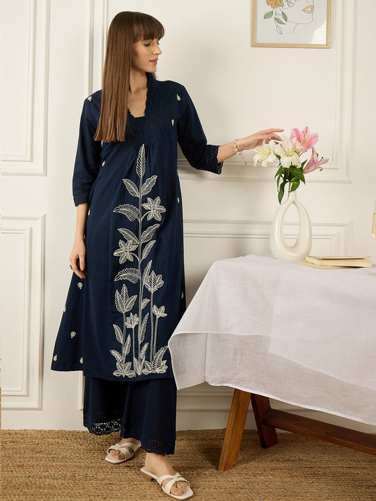 Indo Era Blue Embroidered A-Line Kurta Palazzos Set