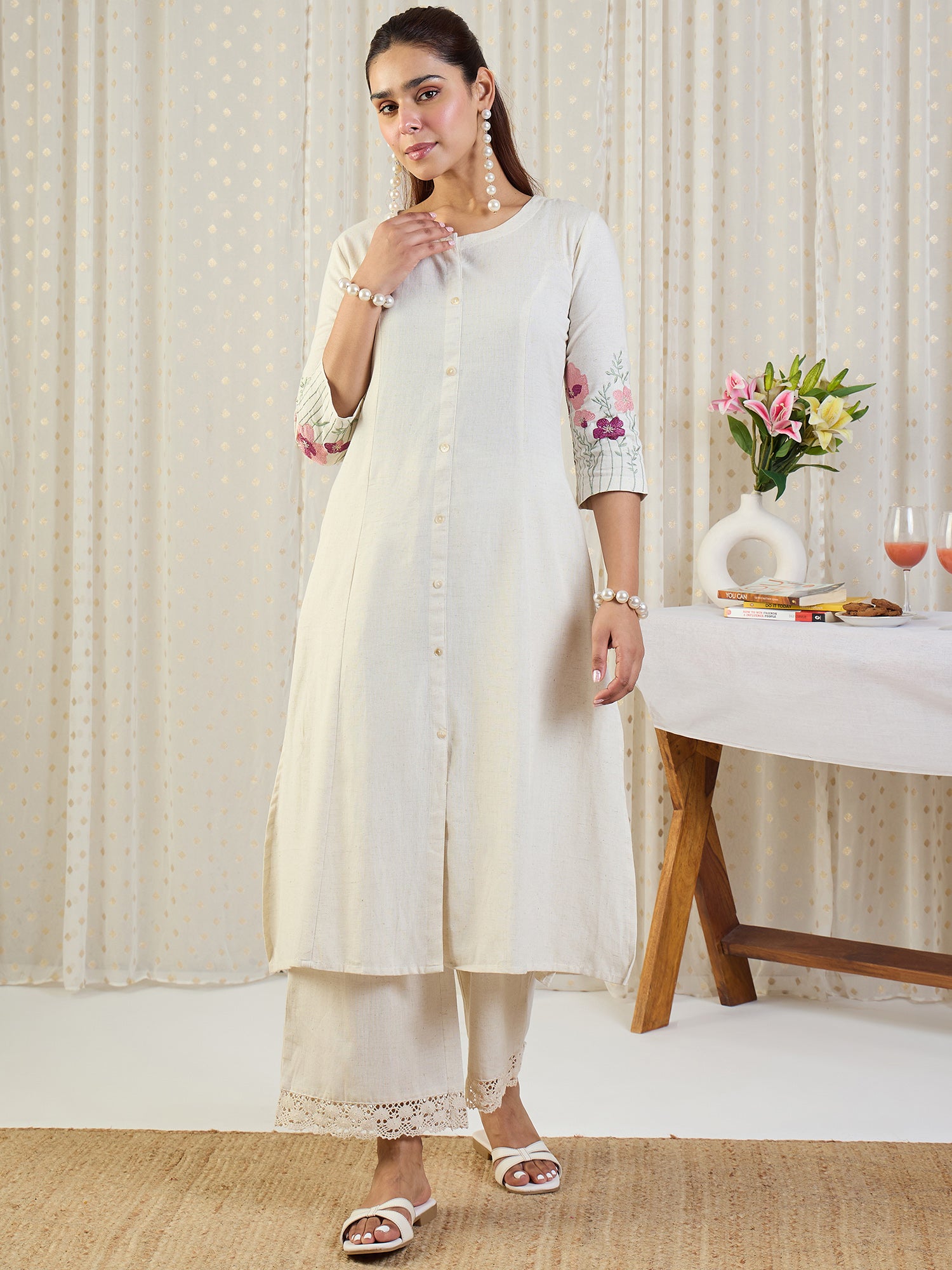 Indo Era White Embroidered A-Line Kurta Palazzos Set