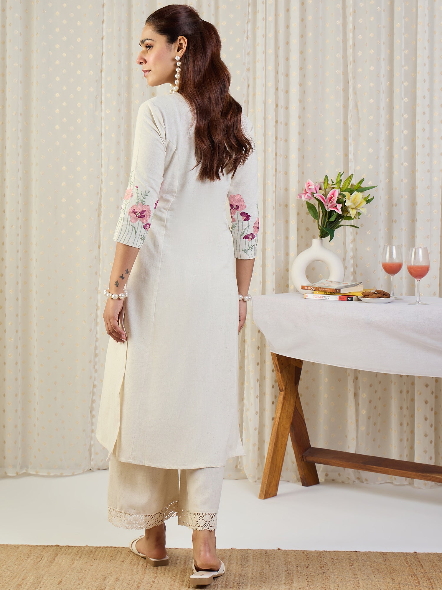 Indo Era White Embroidered A-Line Kurta Palazzos Set