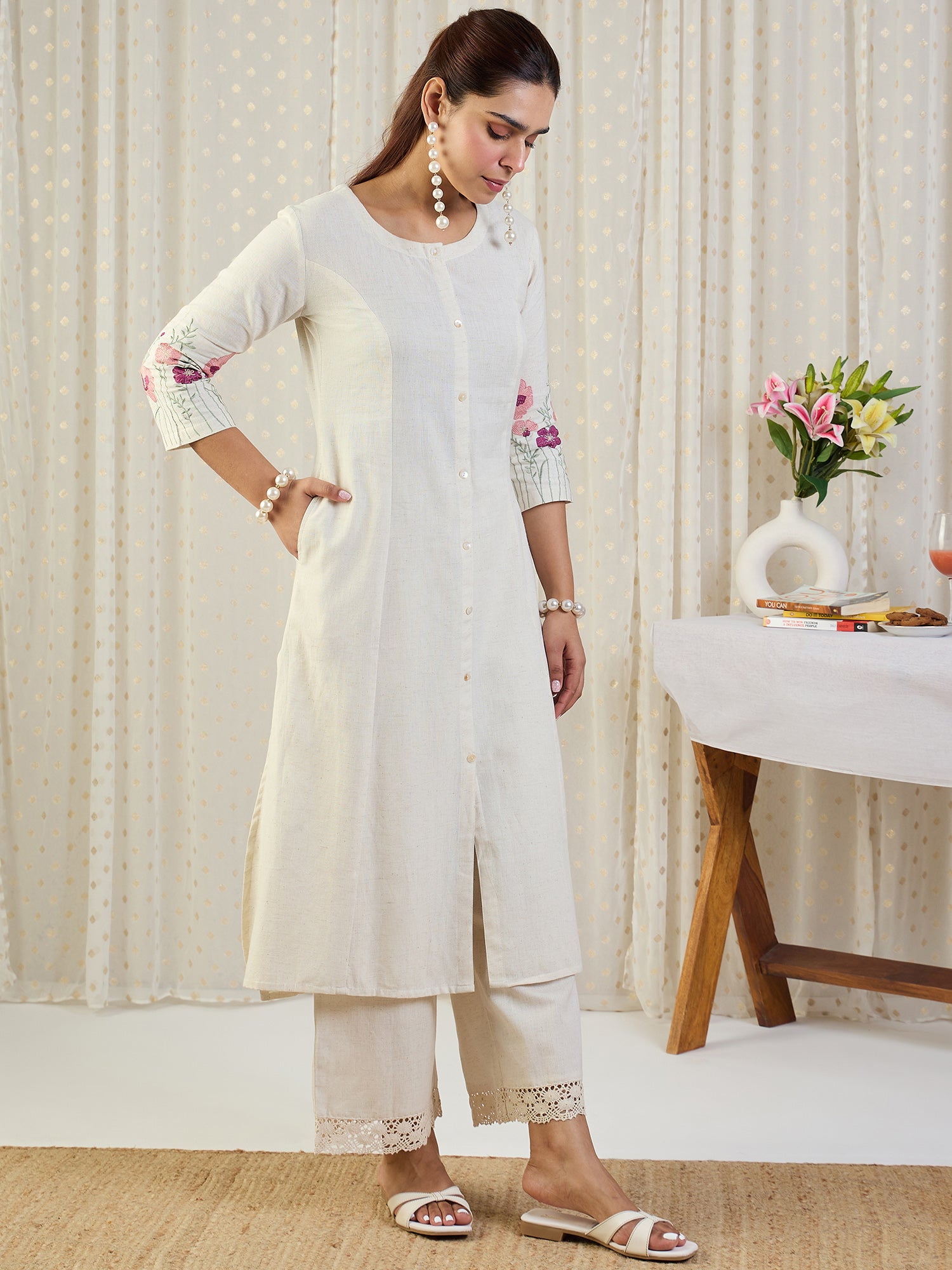 Indo Era White Embroidered A-Line Kurta Palazzos Set