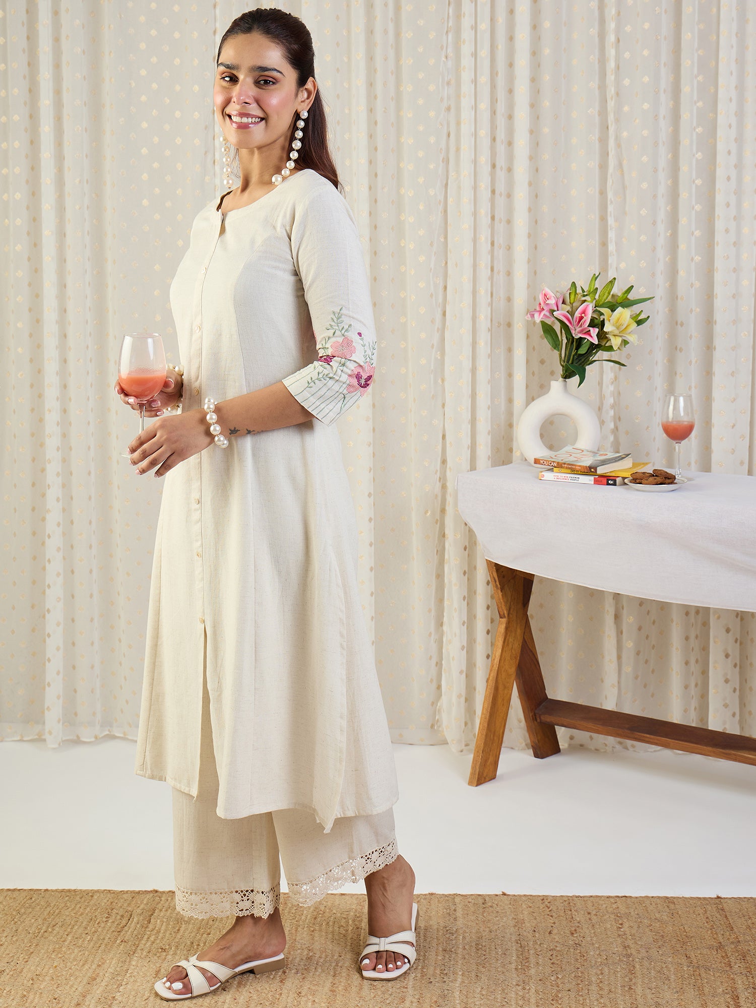 Indo Era White Embroidered A-Line Kurta Palazzos Set