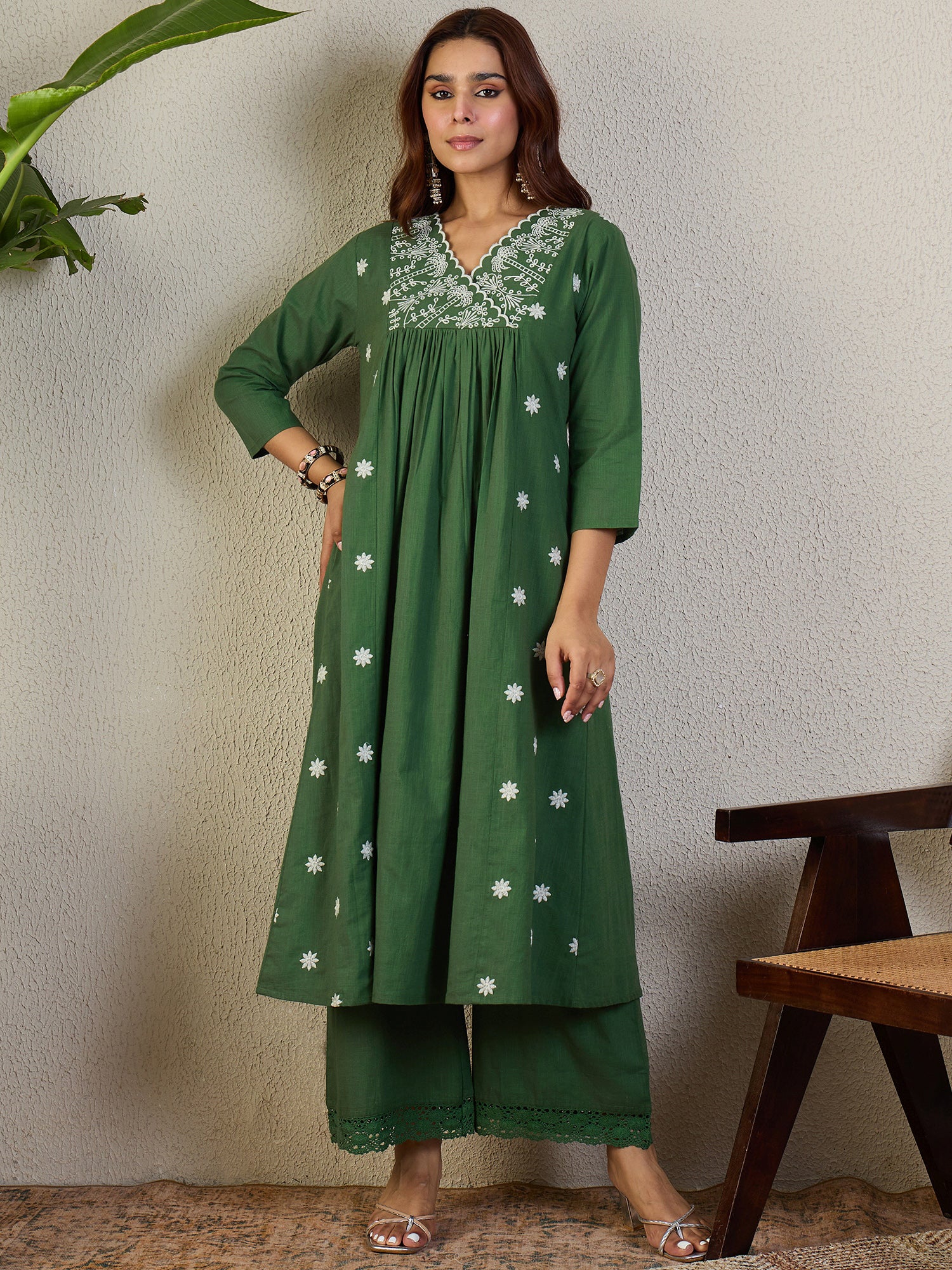 Indo Era Green Embroidered A-Line Kurta Palazzos Set