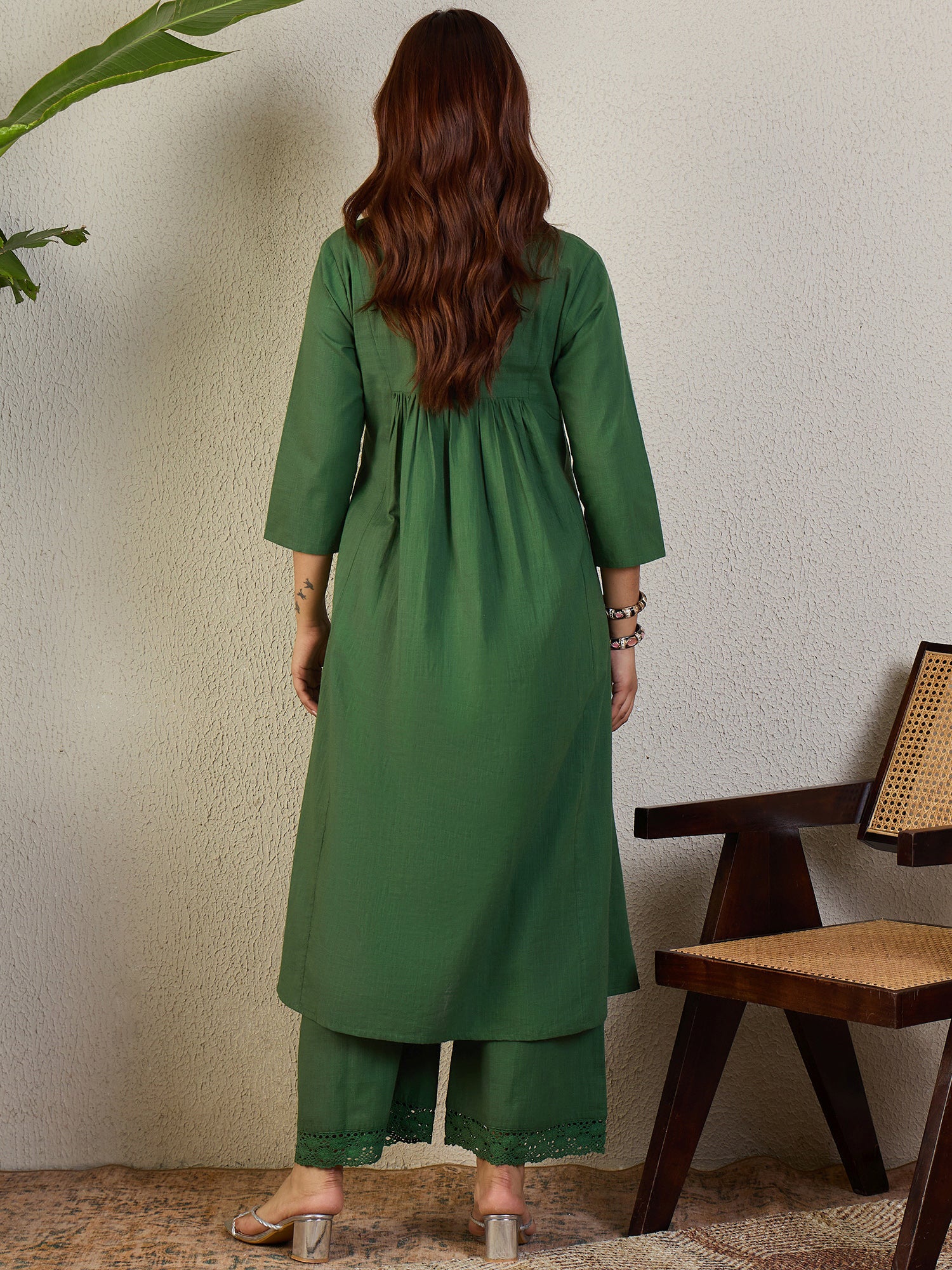 Indo Era Green Embroidered A-Line Kurta Palazzos Set