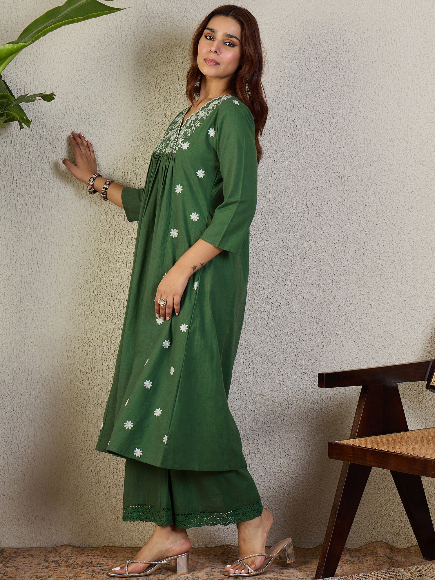 Indo Era Green Embroidered A-Line Kurta Palazzos Set