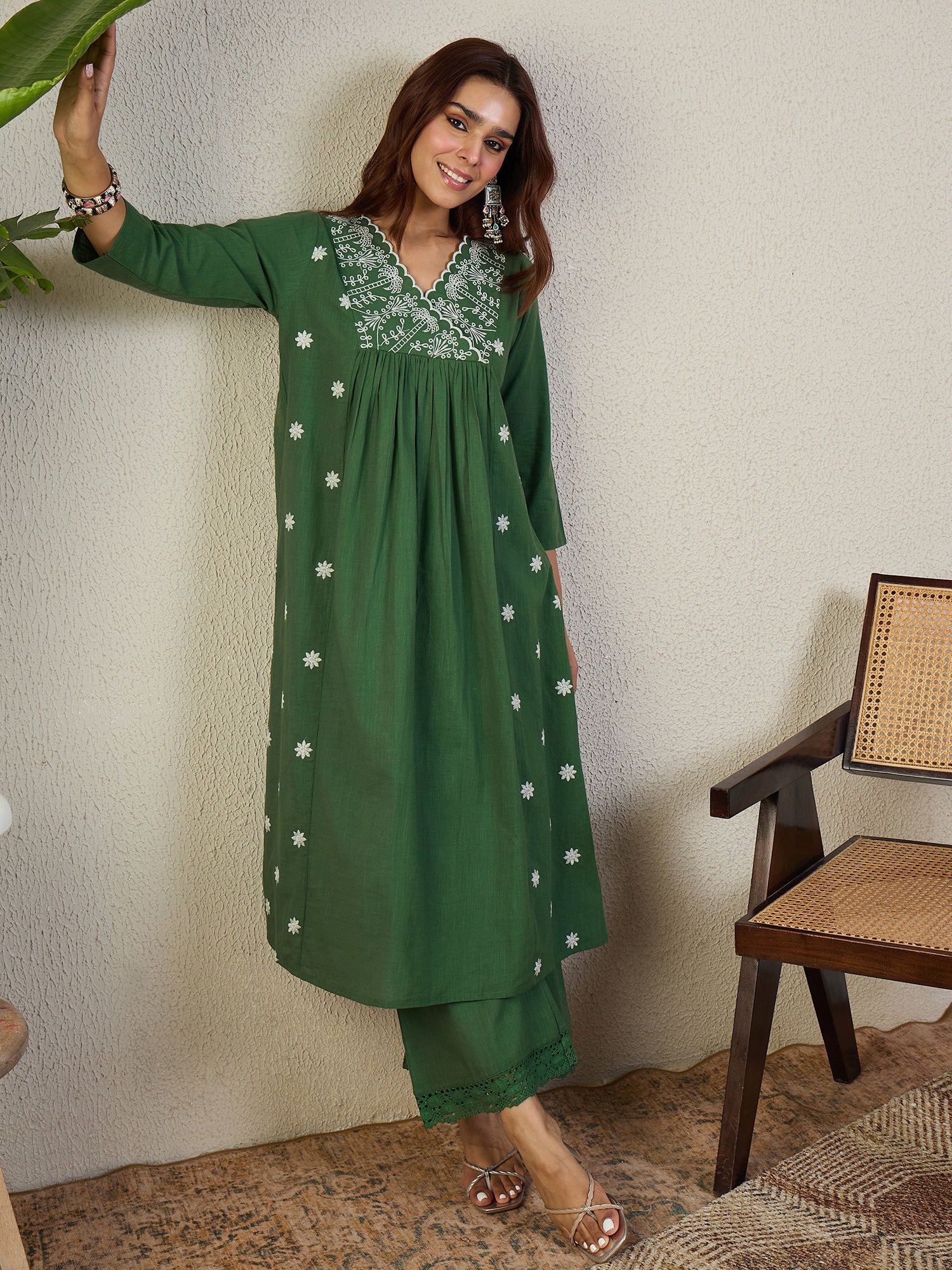Indo Era Green Embroidered A-Line Kurta Palazzos Set