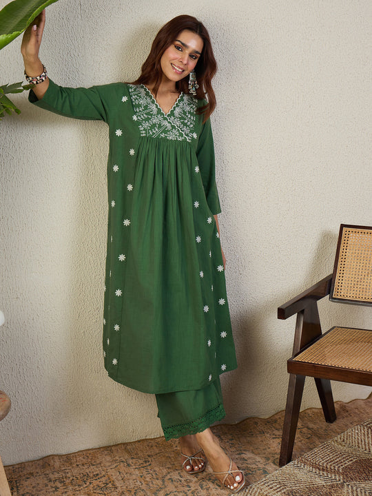Indo Era Green Embroidered A-Line Kurta Palazzos Set