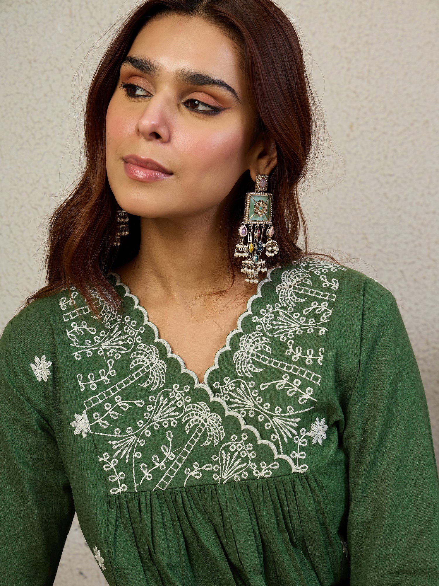 Indo Era Green Embroidered A-Line Kurta Palazzos Set
