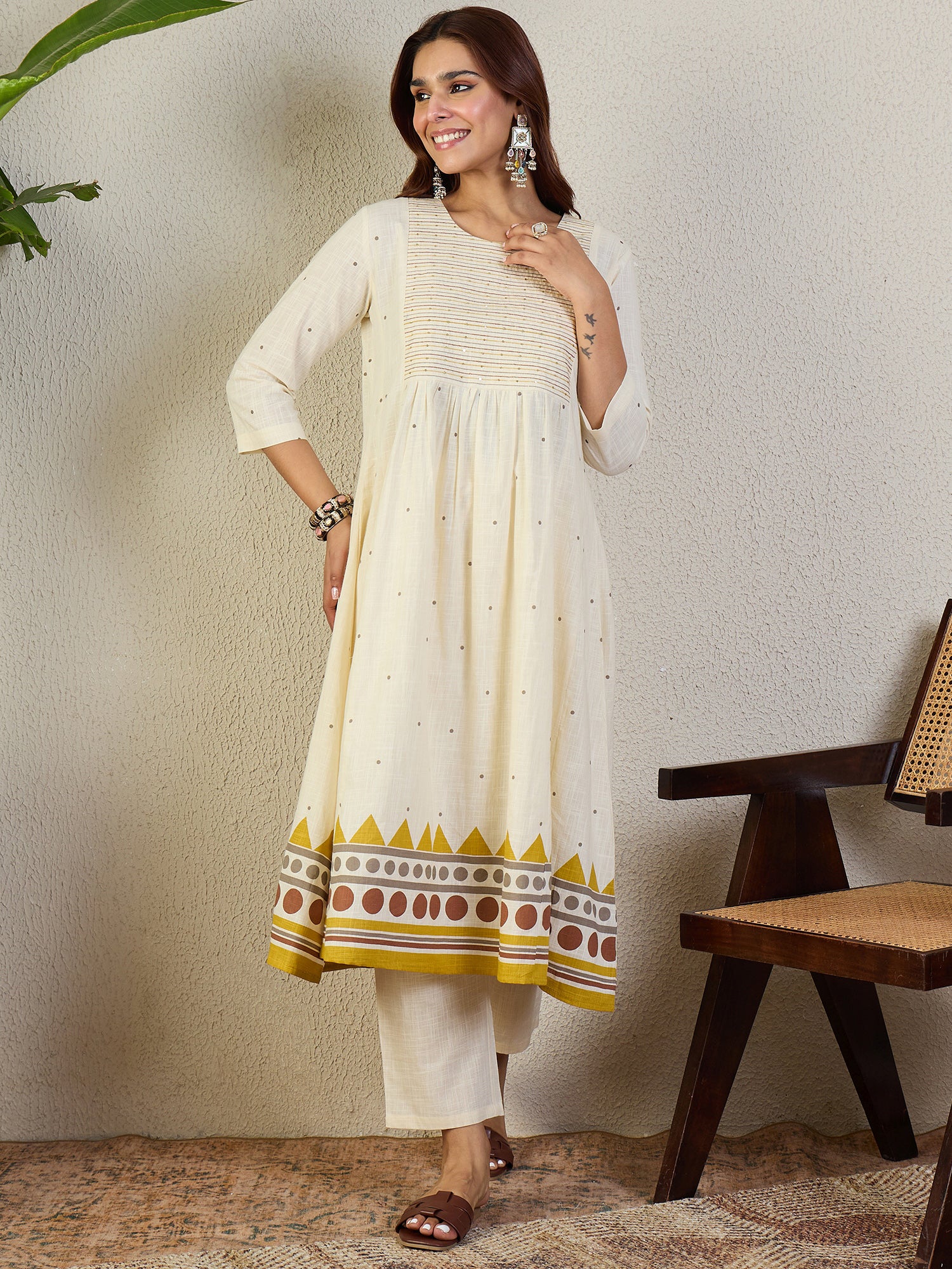 Indo Era White Printed A-Line Kurta Trousers NA Set