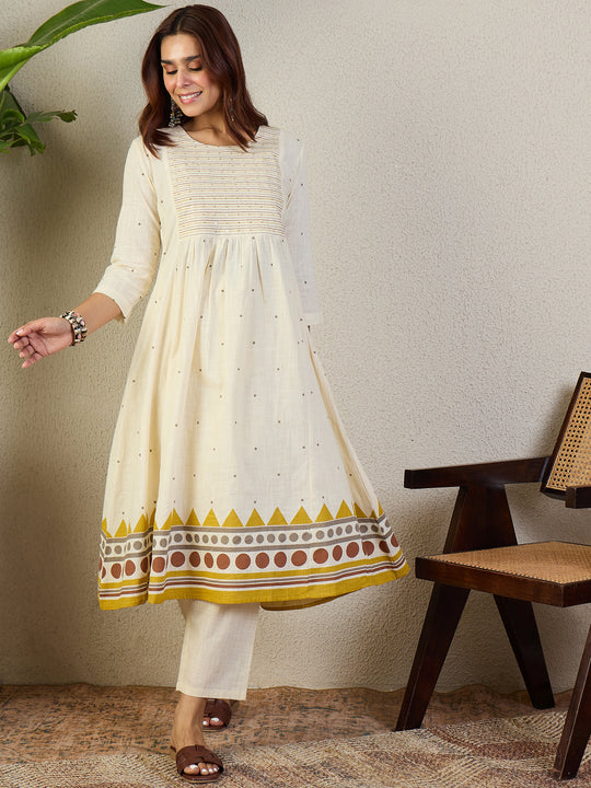 Indo Era White Printed A-Line Kurta Trousers NA Set