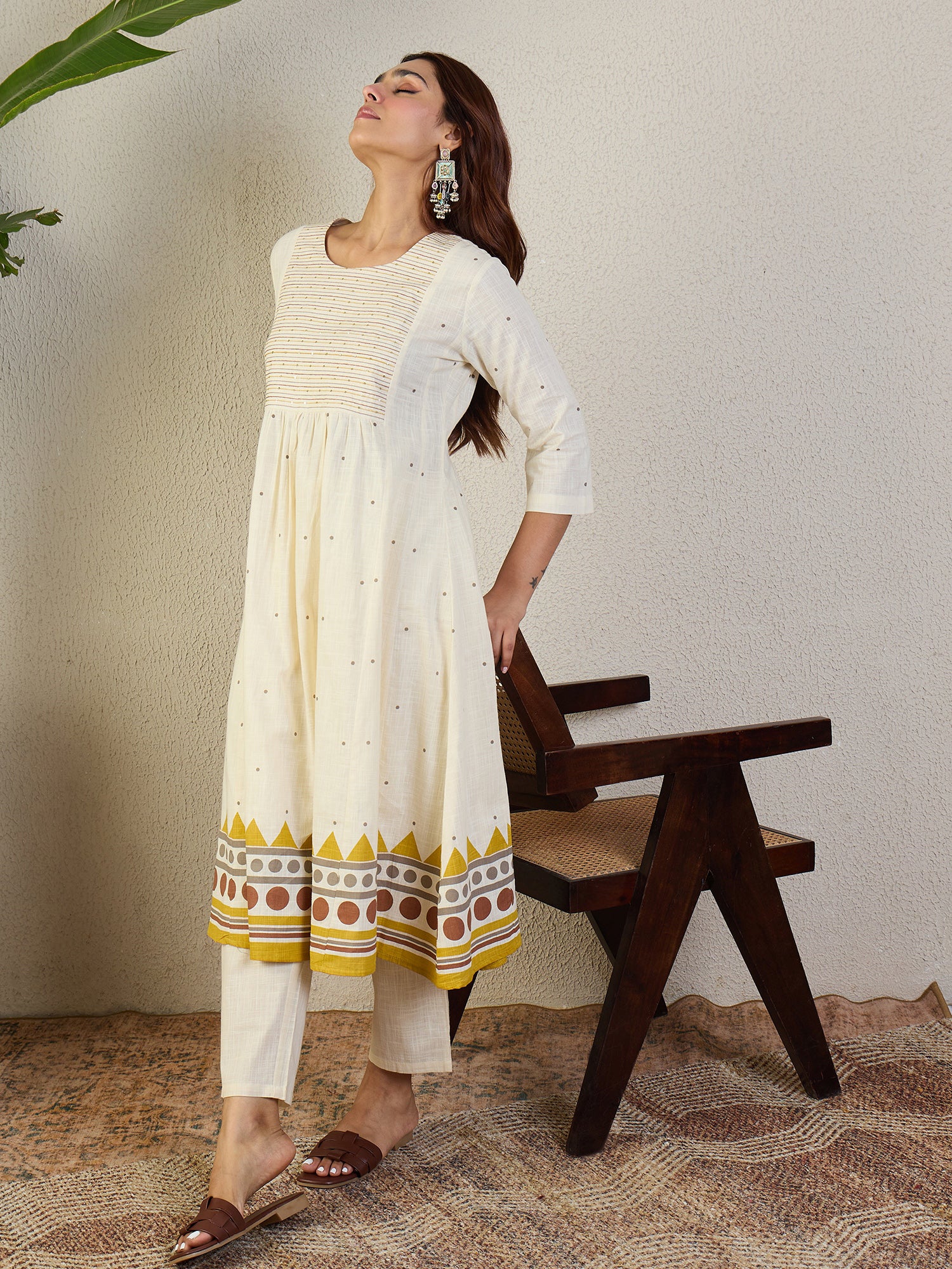 Indo Era White Printed A-Line Kurta Trousers NA Set