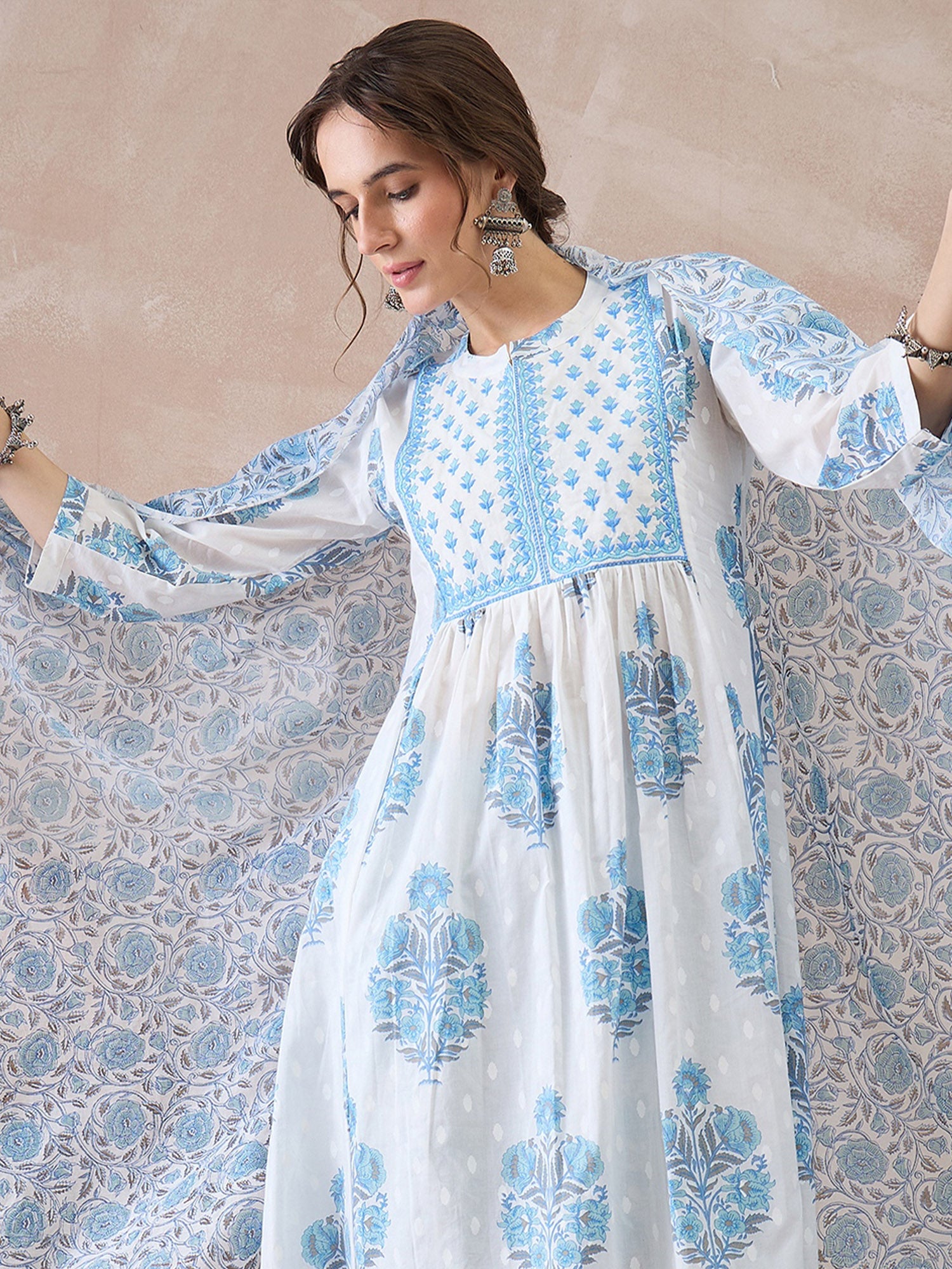 Indo Era White Printed A-Line Kurta Palazzos With Dupatta set