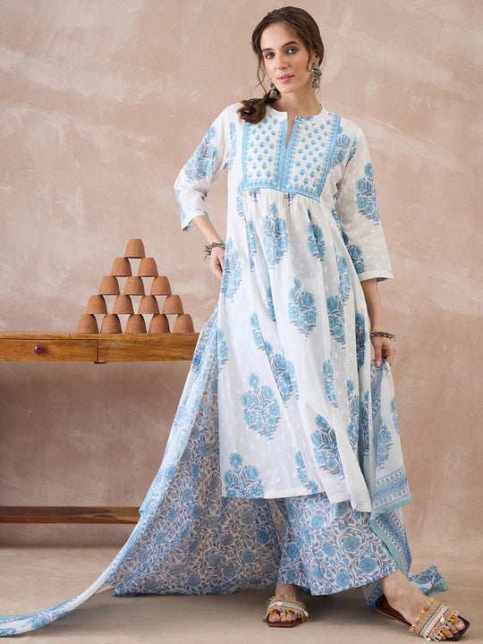 Indo Era White Printed A-Line Kurta Palazzos With Dupatta set
