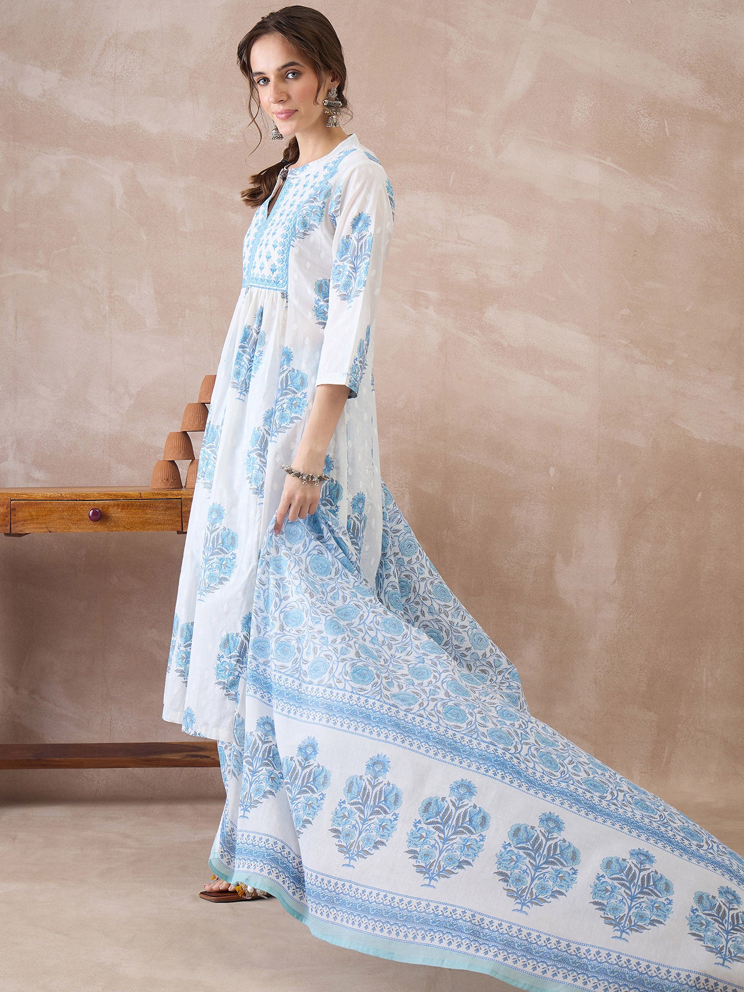 Indo Era White Printed A-Line Kurta Palazzos With Dupatta set