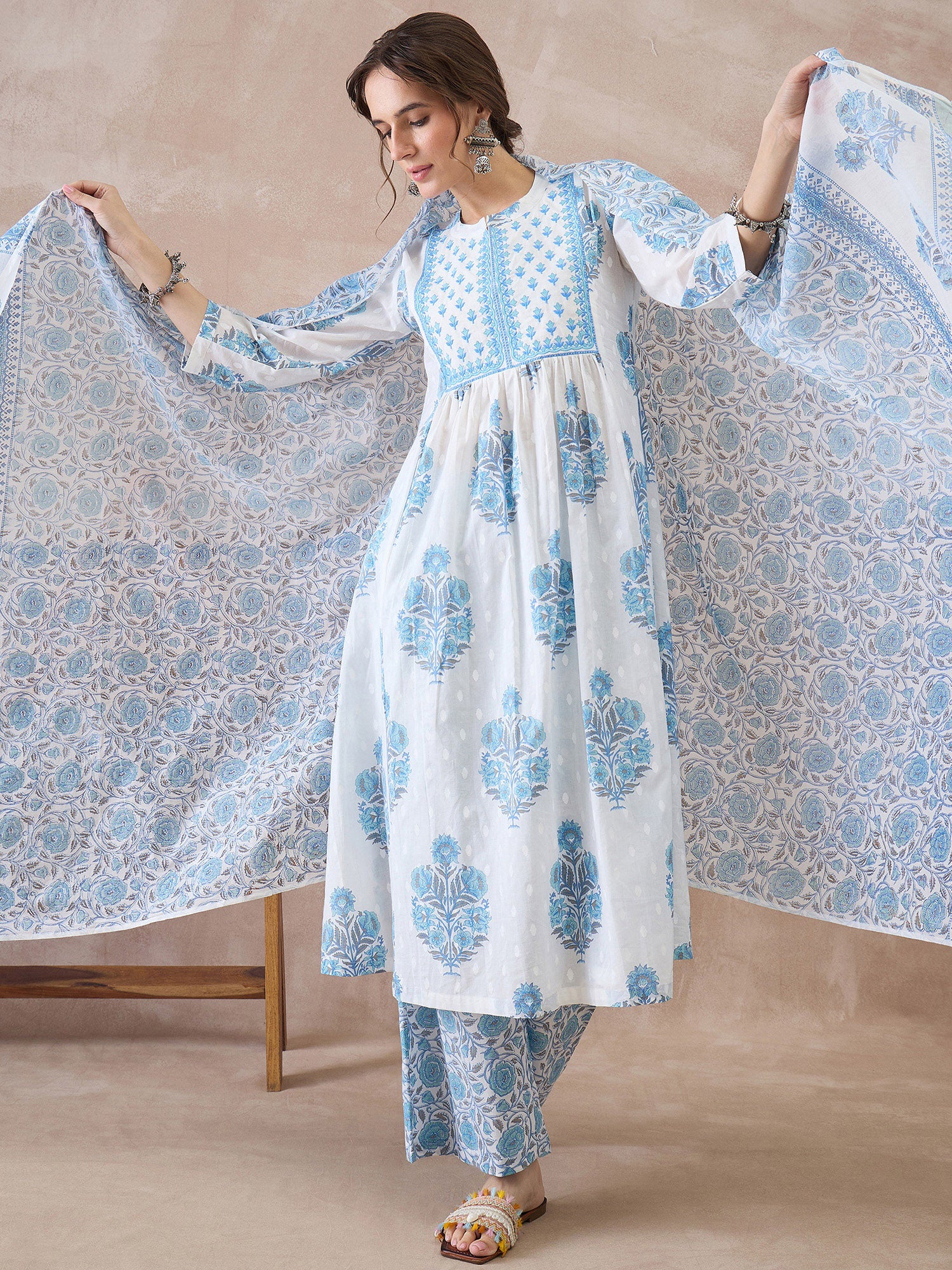 Indo Era White Printed A-Line Kurta Palazzos With Dupatta set