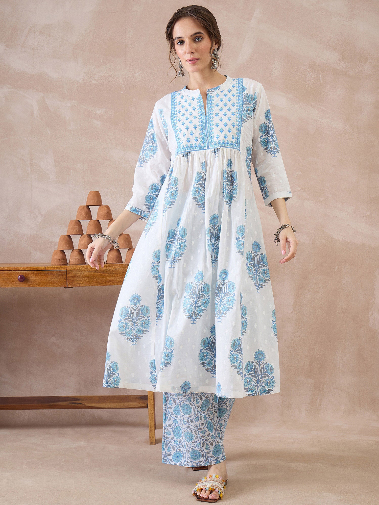 Indo Era White Printed A-Line Kurta Palazzos With Dupatta set