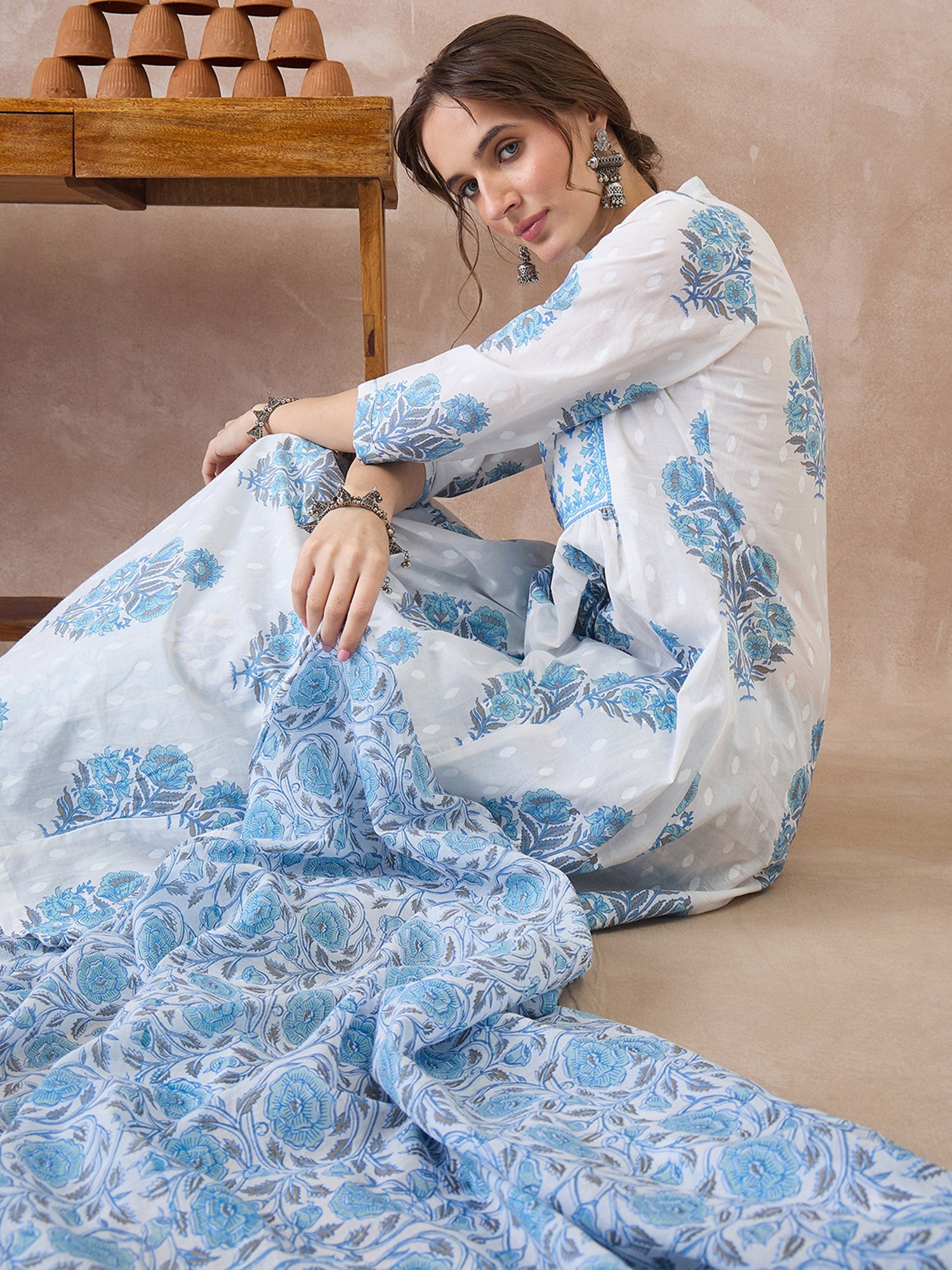 Indo Era White Printed A-Line Kurta Palazzos With Dupatta set
