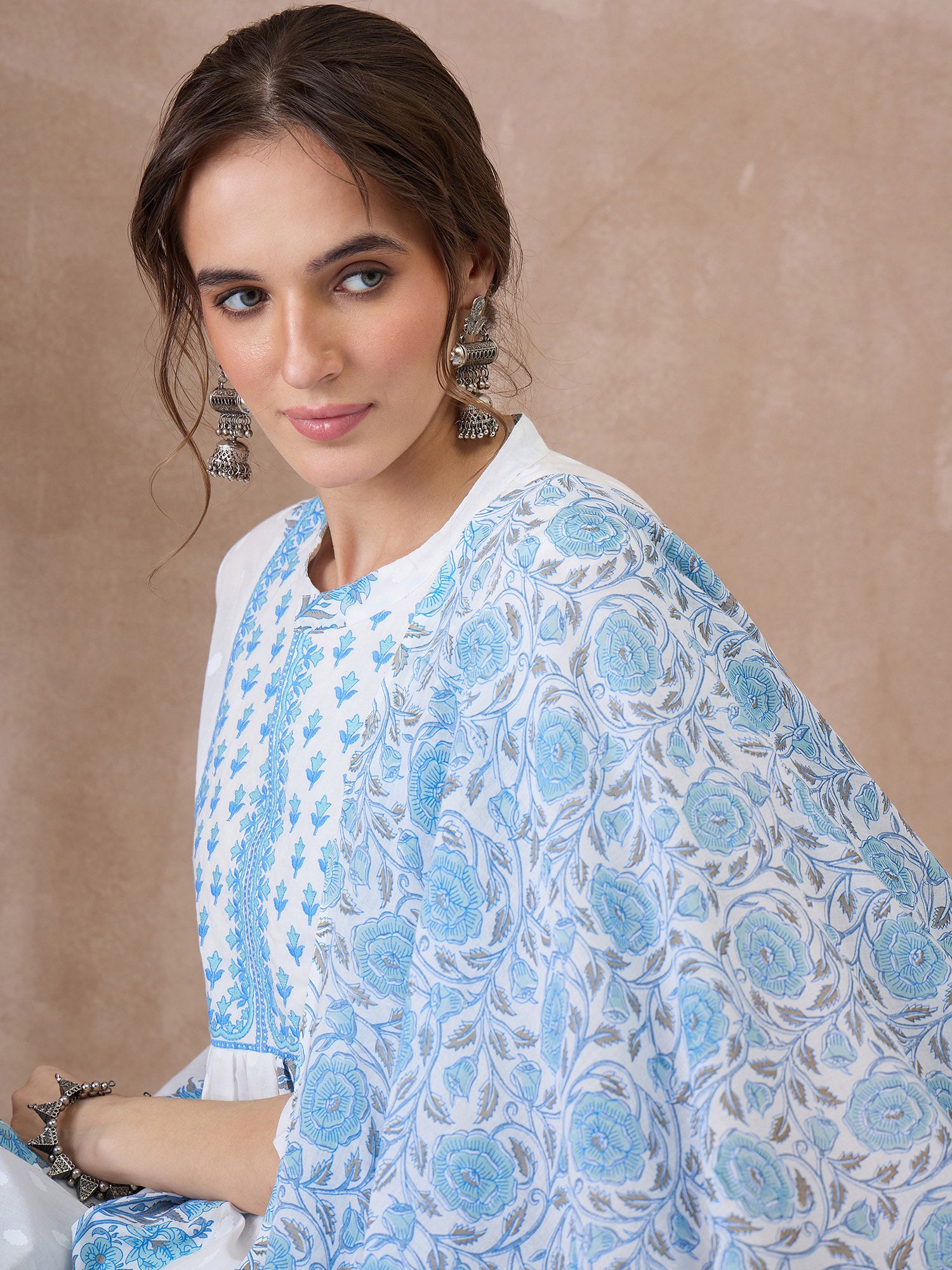 Indo Era White Printed A-Line Kurta Palazzos With Dupatta set