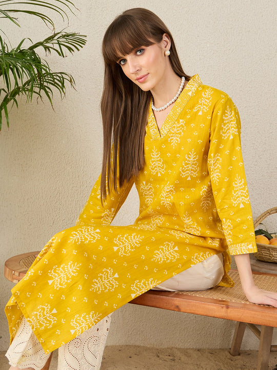 Indo Era Yellow Printed Straight Kurtas