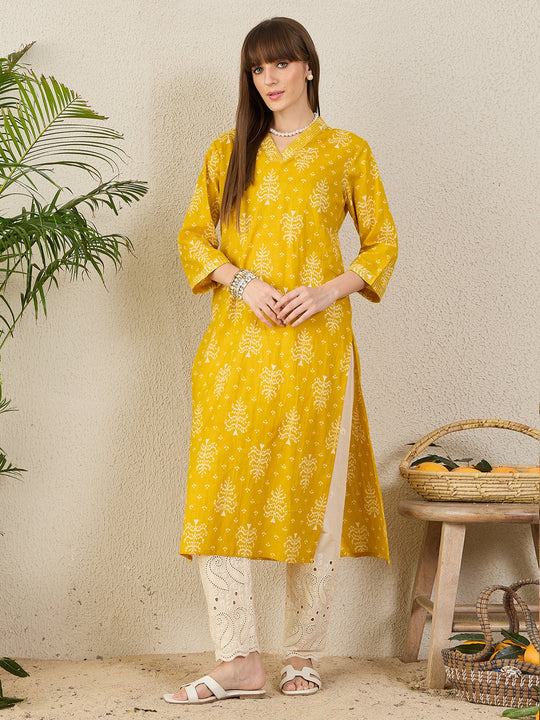 Indo Era Yellow Printed Straight Kurtas