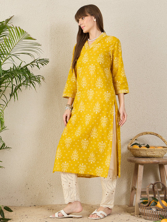 Indo Era Yellow Printed Straight Kurtas