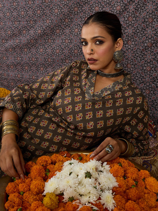 Indo Era Grey Printed Straight Kurta