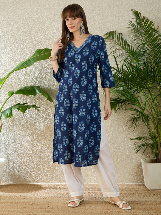 Indo Era Blue Printed Straight Kurta