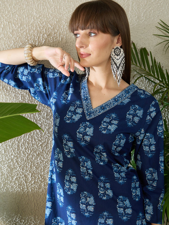 Indo Era Blue Printed Straight Kurta