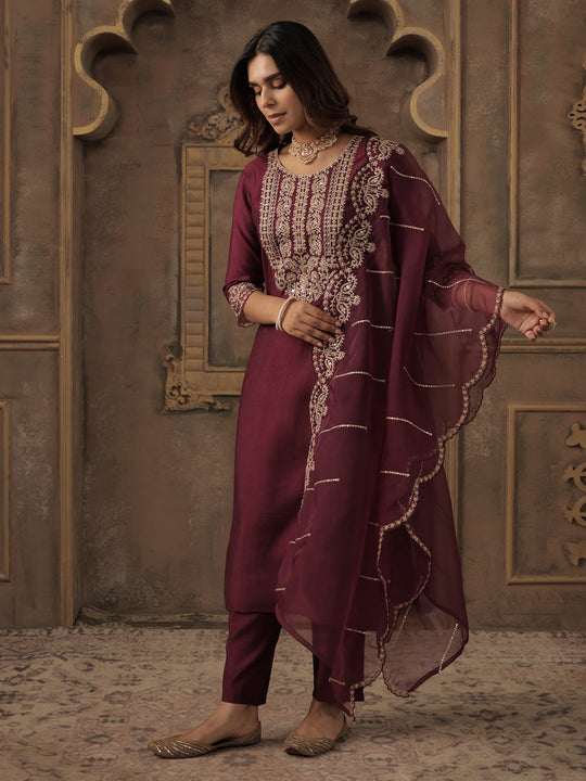 Burgundy Embroidered Liva Straight Kurta Sets With Dupatta