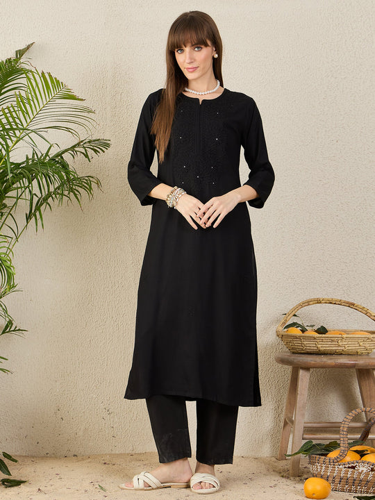 Indo Era Black Embroidered Straight Kurtas