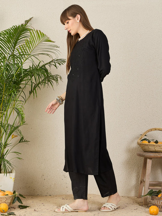 Indo Era Black Embroidered Straight Kurtas