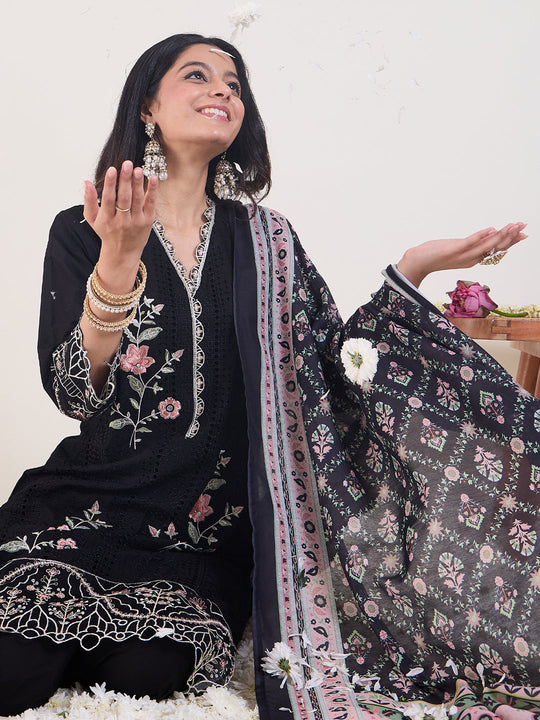 Indo Era Black Embroidered Straight Kurta Trousers With Dupatta Set