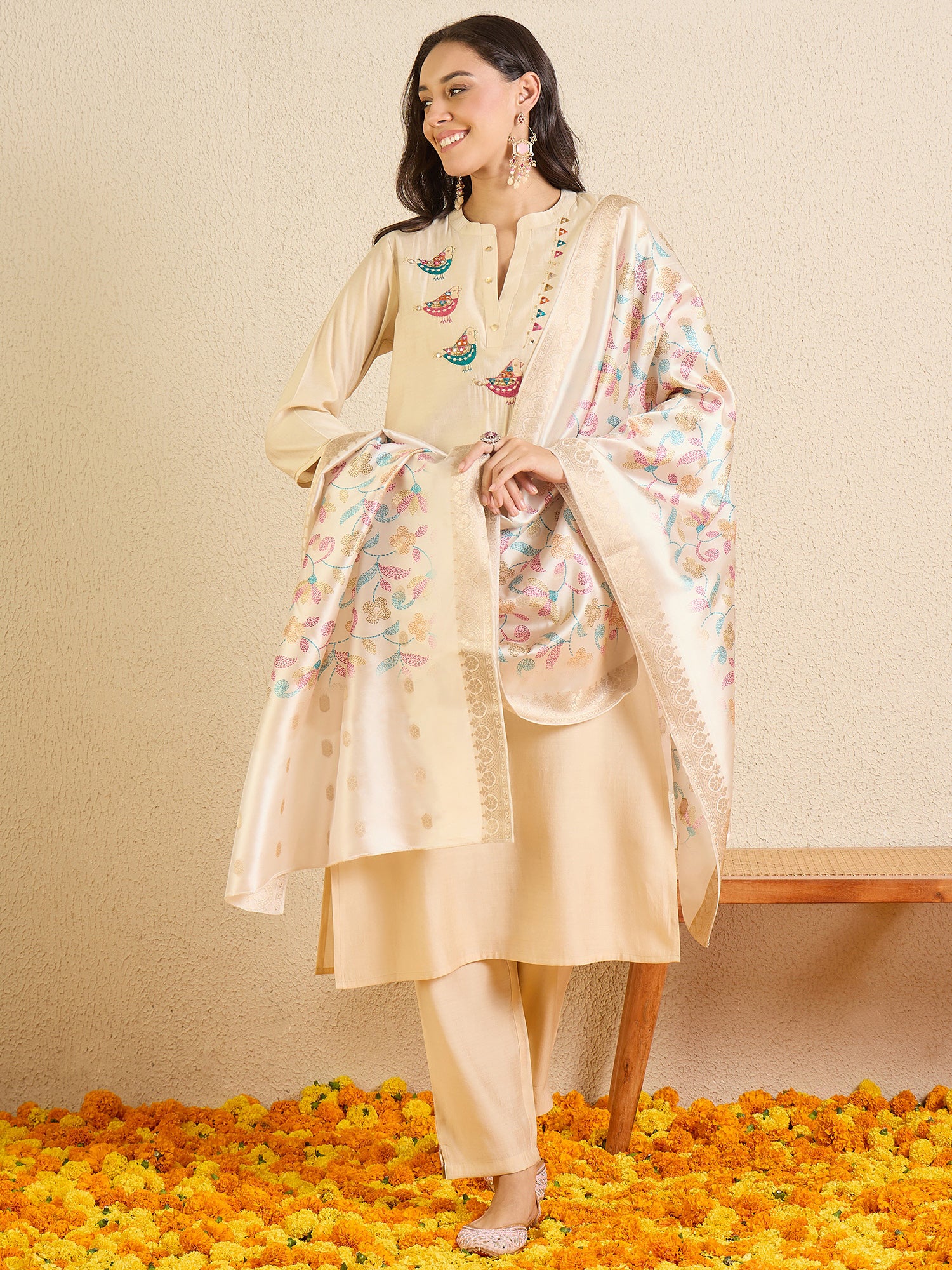 Indo Era Off White Embroidered Straight Kurta Trousers With Dupatta Set