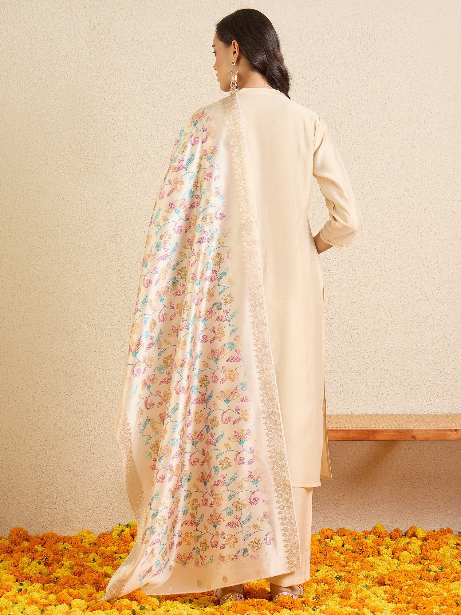Indo Era Off White Embroidered Straight Kurta Trousers With Dupatta Set