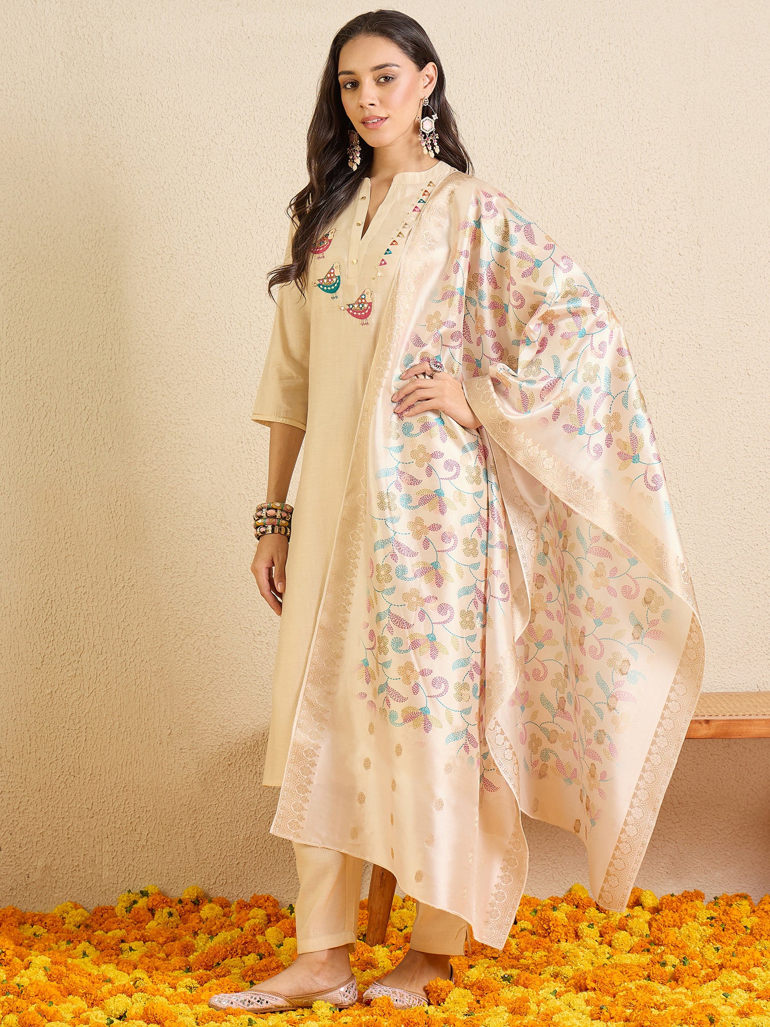 Indo Era Off White Embroidered Straight Kurta Trousers With Dupatta Set