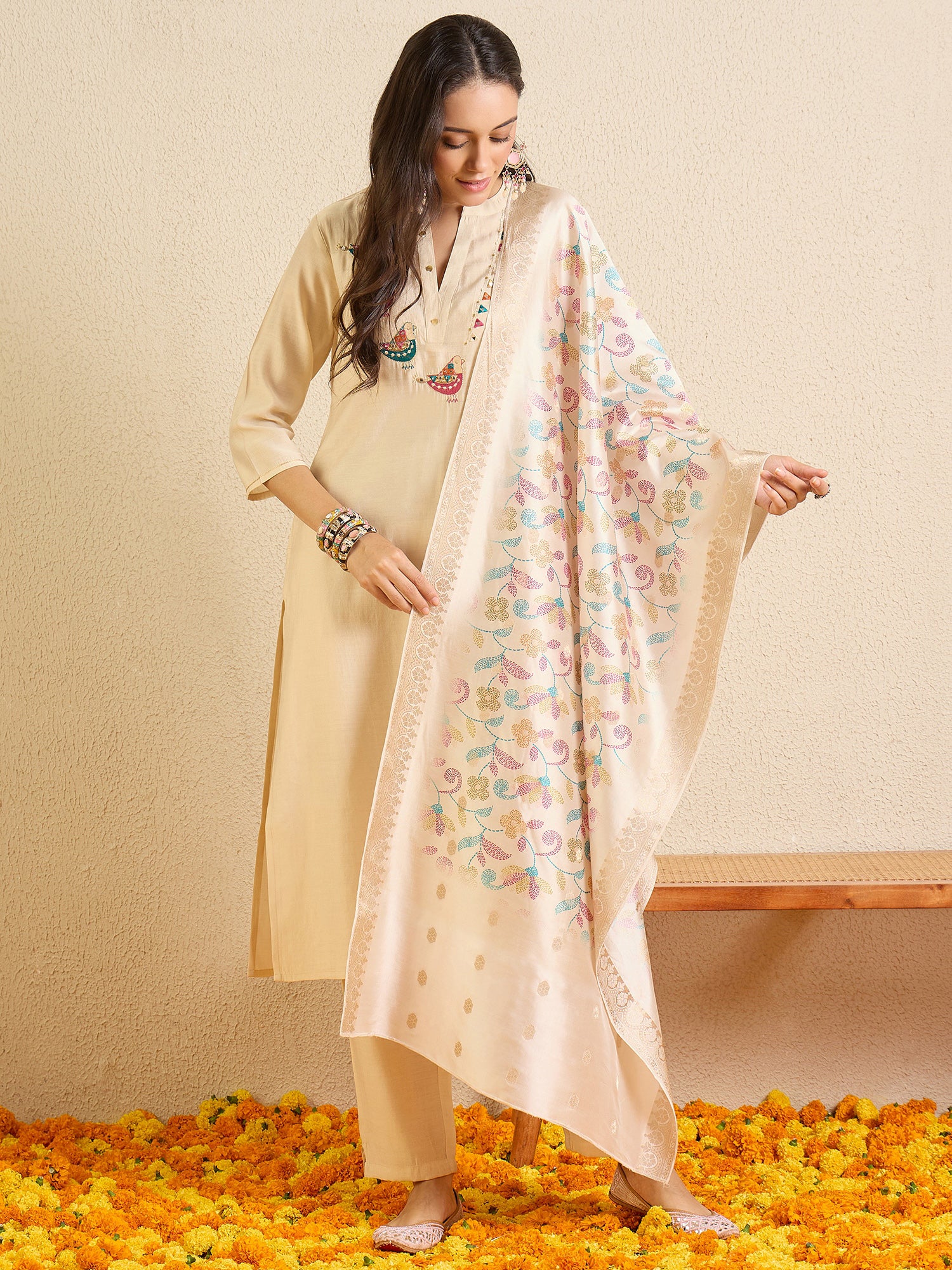 Indo Era Off White Embroidered Straight Kurta Trousers With Dupatta Set