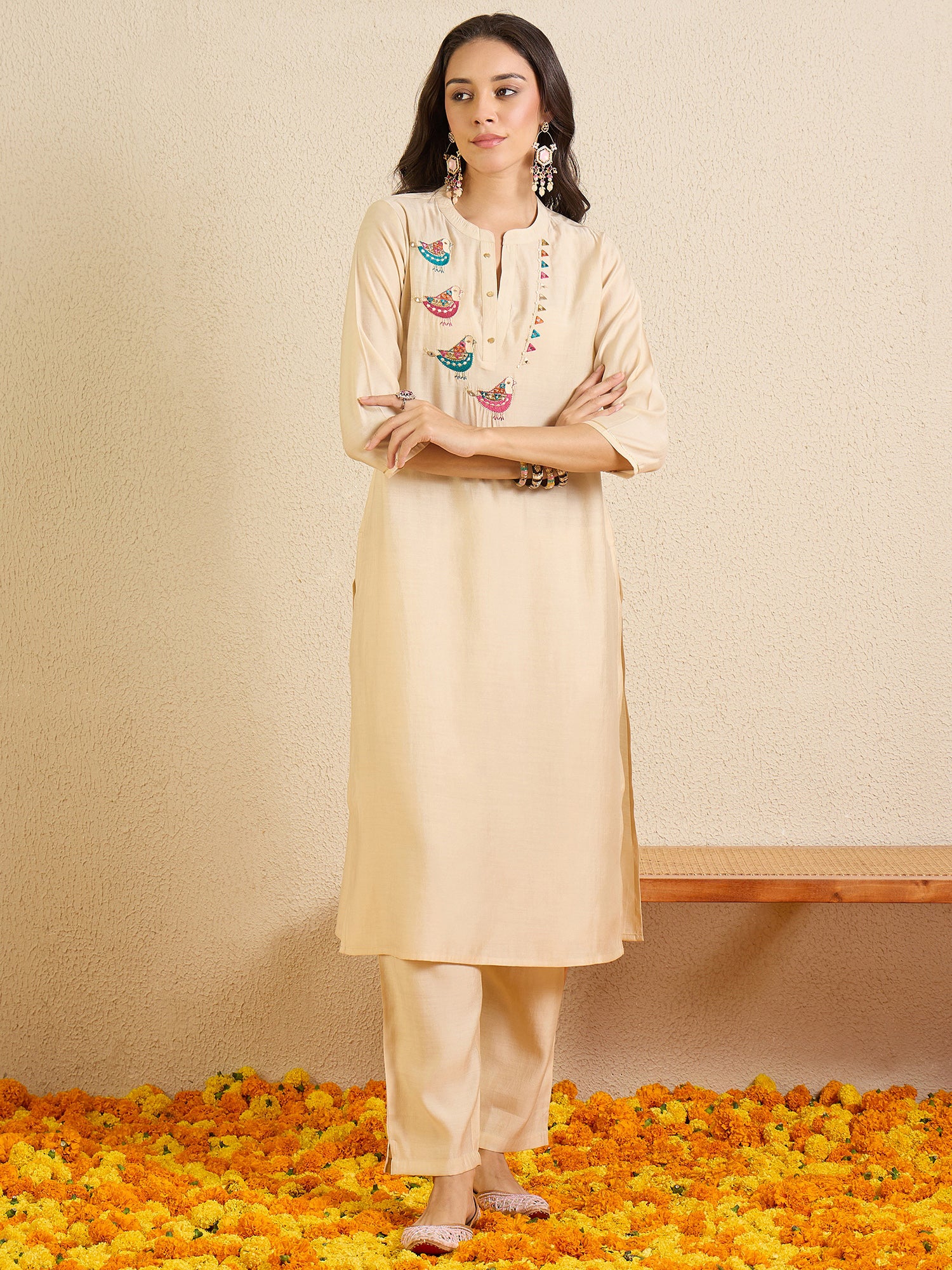 Indo Era Off White Embroidered Straight Kurta Trousers With Dupatta Set