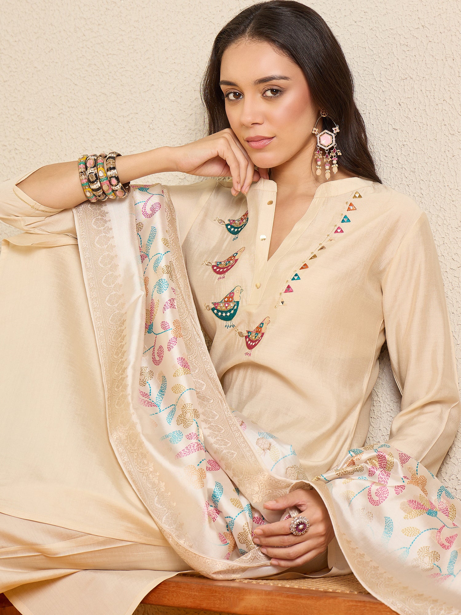 Indo Era Off White Embroidered Straight Kurta Trousers With Dupatta Set