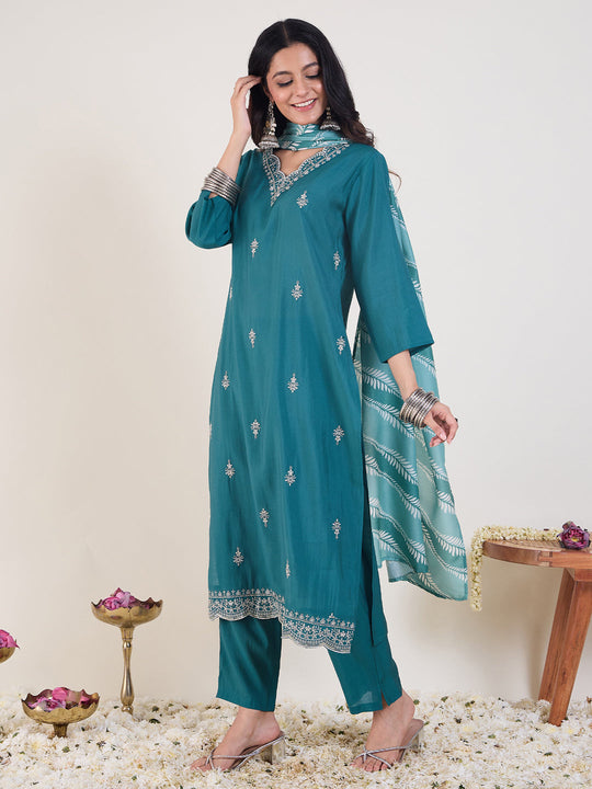 Indo Era Teal Embroidered Straight Kurta Trousers With Dupatta set