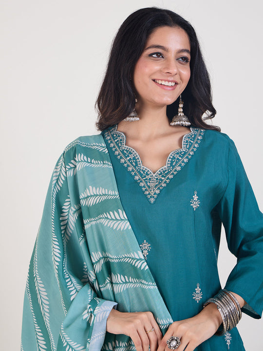 Indo Era Teal Embroidered Straight Kurta Trousers With Dupatta set