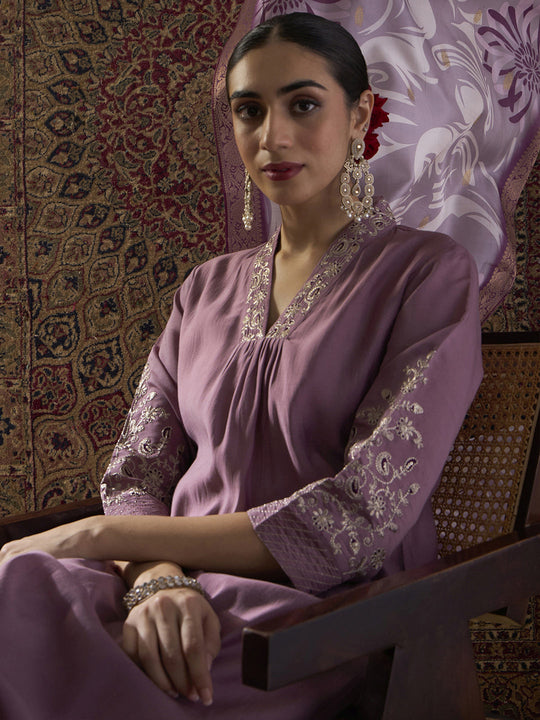 Indo Era Lavender Embroidered Straight Kurta Trousers With Dupatta Set