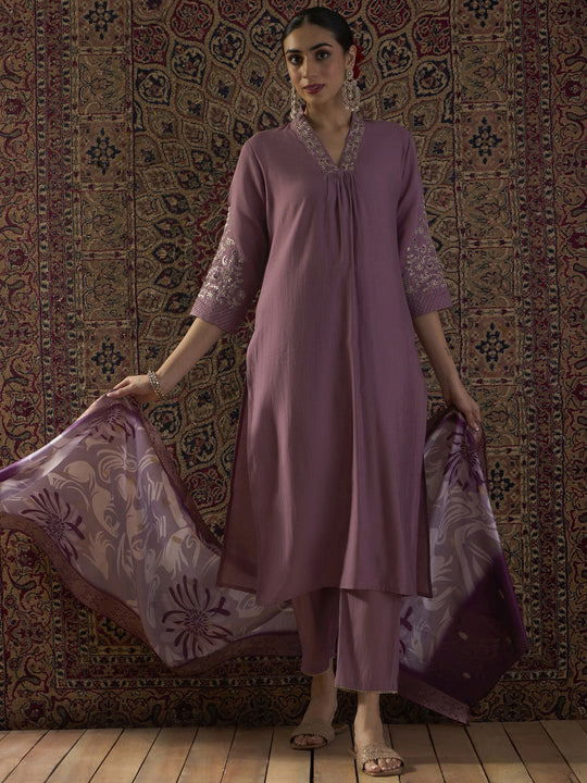 Indo Era Lavender Embroidered Straight Kurta Trousers With Dupatta Set