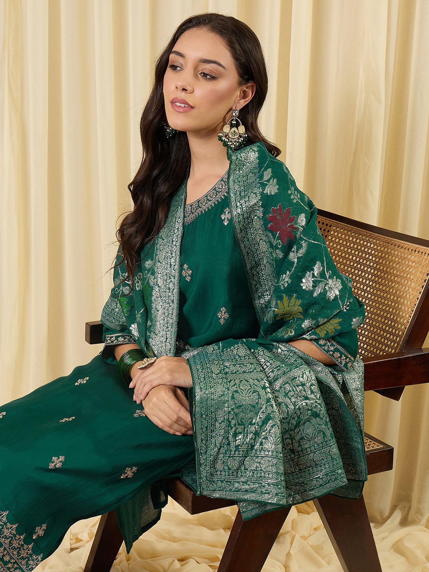 Indo Era Green Embroidered Straight Kurta Trousers With Dupatta Set