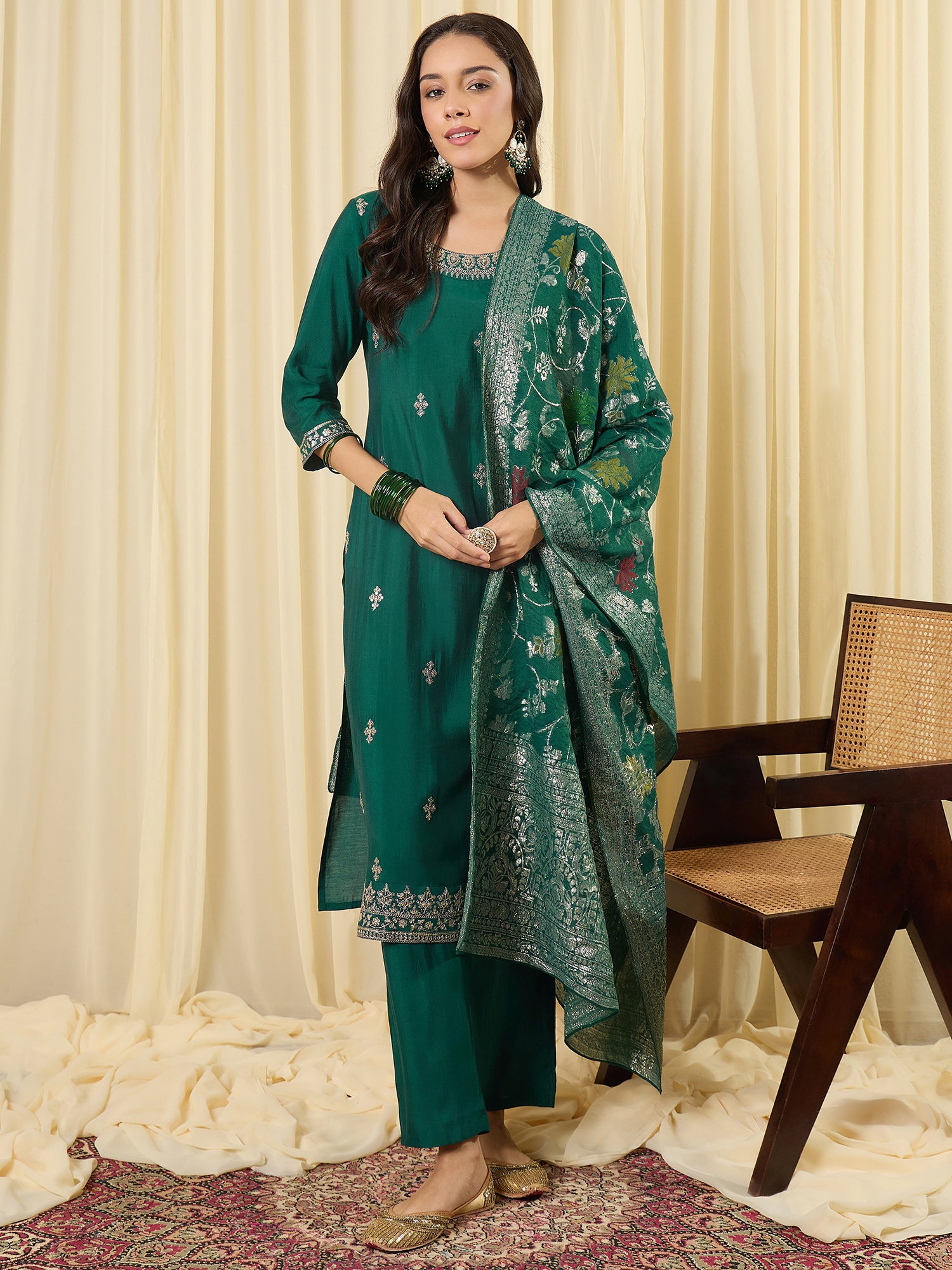 Indo Era Green Embroidered Straight Kurta Trousers With Dupatta Set