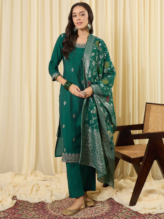 Indo Era Green Embroidered Straight Kurta Trousers With Dupatta Set