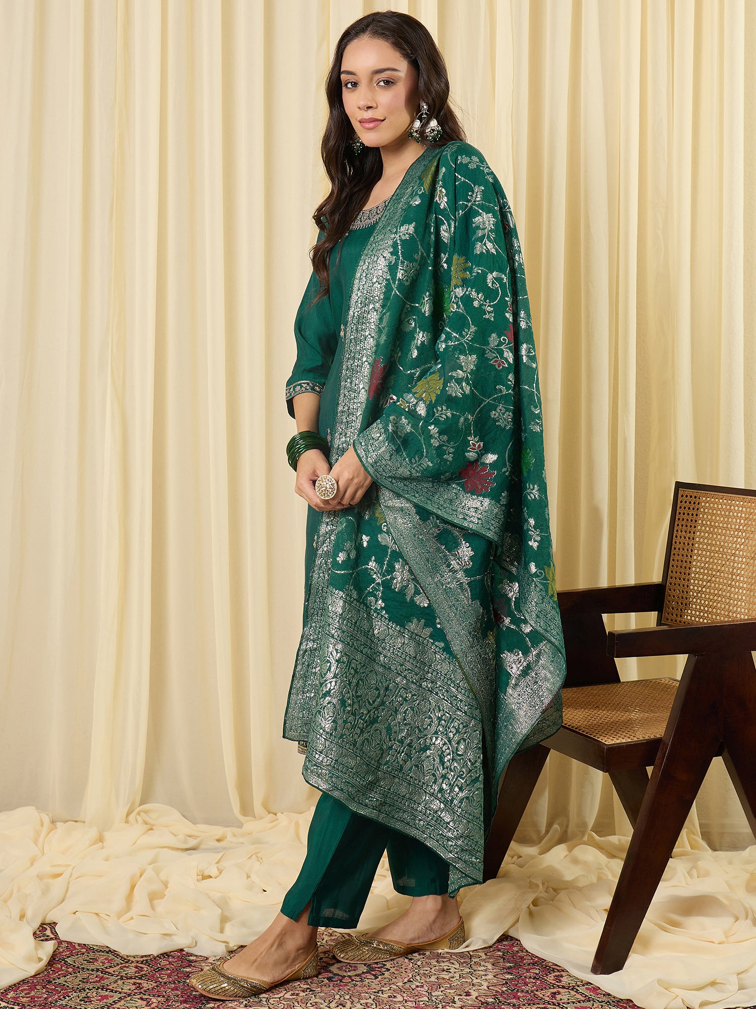 Indo Era Green Embroidered Straight Kurta Trousers With Dupatta Set