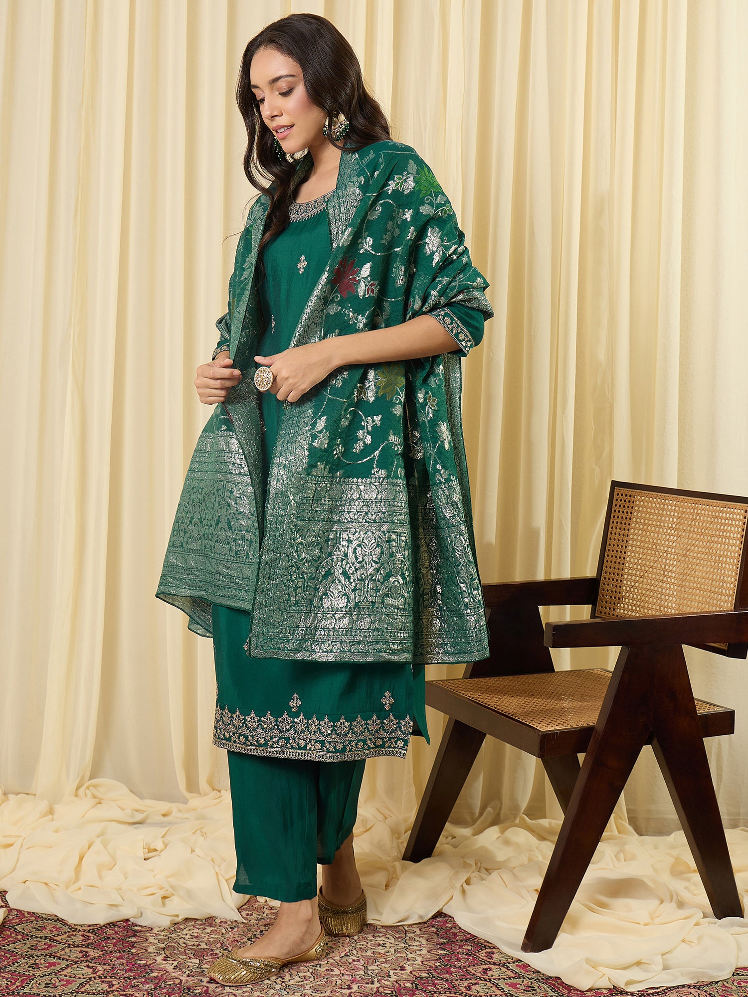 Indo Era Green Embroidered Straight Kurta Trousers With Dupatta Set