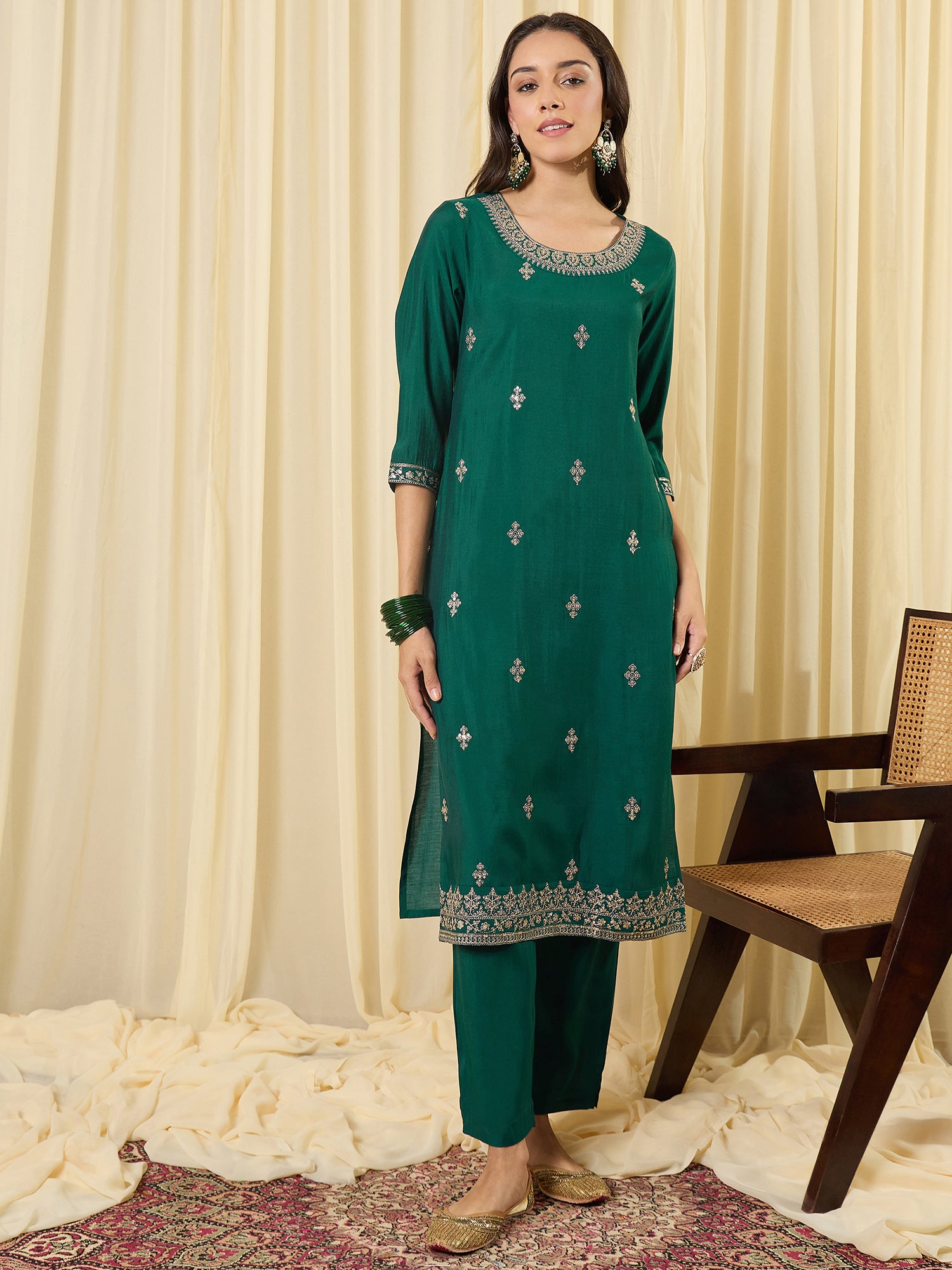 Indo Era Green Embroidered Straight Kurta Trousers With Dupatta Set